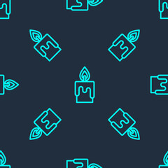 Green line Burning candle icon isolated seamless pattern on blue background. Cylindrical candle stick with burning flame. Vector
