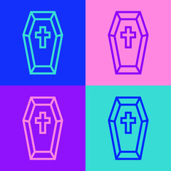Obraz premium Pop art line Coffin with christian cross icon isolated on color background. Happy Halloween party. Vector