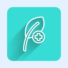 White line Leaf icon isolated with long shadow. Leaves sign. Fresh natural product symbol. Green square button. Vector