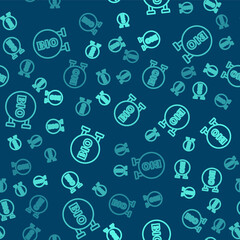Green line Bio green healthy food icon isolated seamless pattern on blue background. Organic product. Healthy food sticker. Vector