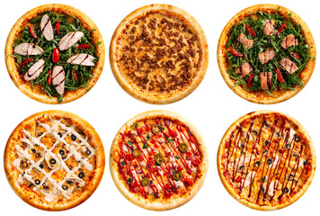 Isolated assorted variety of pizzas collage menu design on the white background