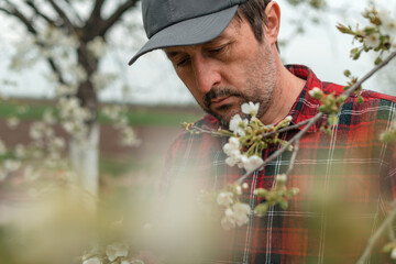 Farmer inspecting blooming cherry fruit tree branches in orchard, selective focus