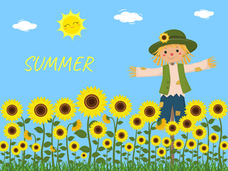 Sunflowers and a cute scarecrow, sky, sun, clouds. Vector illustration
