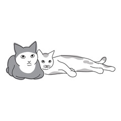 床に寝転がっている二匹の仲良しな猫の全身イラスト