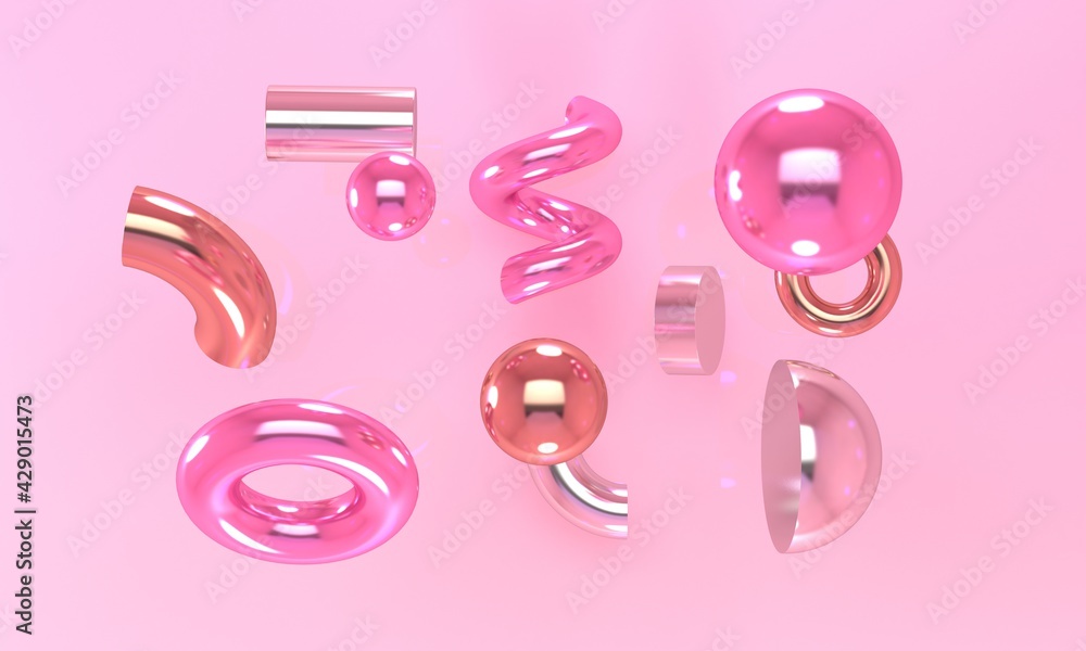 Poster abstract pink background with shiny metallic geometric shapes. 3d rendering