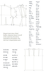 Elegant open dress. Fitted bodice, Japanese sleeve. Cut-off at the waist line, the skirt is extended to the bottom. The skirt has 3 shaped pleats each