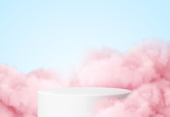 Blue background with a product podium surrounded by pink clouds. Smoke, fog, steam background. Vector illustration - obrazy, fototapety, plakaty