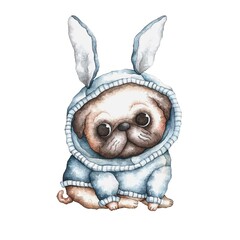 cute pug in blue hare costume isolated on white background. cute watercolor pets illustration. watercolor animals