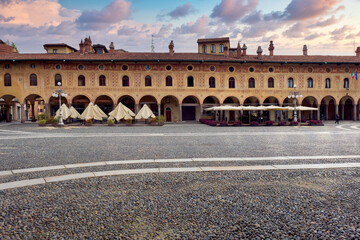 View of the world-famous renaissance square in the old city centre of Vigevano (Lombardy, Northern...