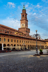 View of the world-famous renaissance square in the old city centre of Vigevano (Lombardy, Northern Italy); historians think it was designed with the contribution of Leonardo da Vinci.