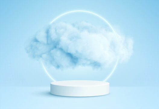 Realistic white fluffy clouds in product podium with neon circle on blue background. Cloud sky background for your design. Vector illustration