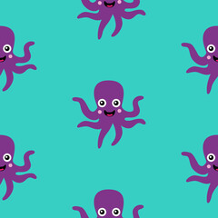 Violet octopuses, cheerful and smiling, on turquoise background, seamless pattern 