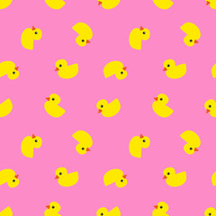 Yellow rubber ducks with orange beaks and black eyes on pink background, seamless pattern 