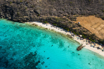 Aerial view above scenery of Curacao, Caribbean with ocean, coast and beach