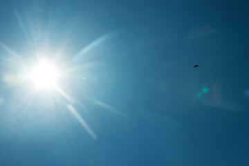 skydivers in free fall against the background of the bright sun with long rays. jump with a...