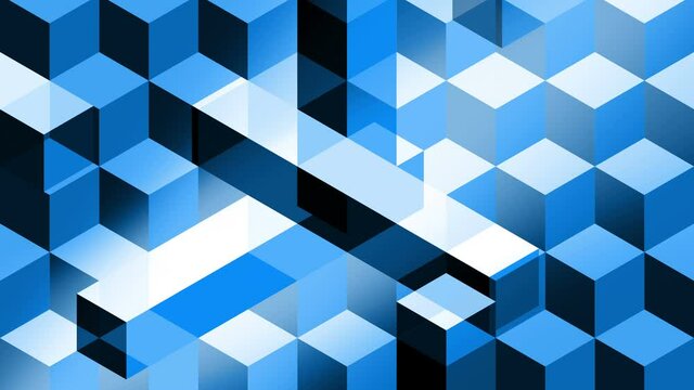 Isometric blue cubes and bars, abstract looping animation for background. Isometric perspective, hypnotic and elegant, with transparency effects.