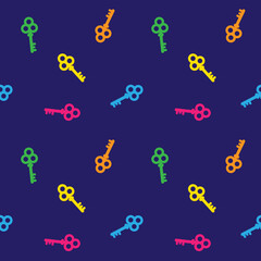 Colourful antique keys on dark blue background, seamless pattern 