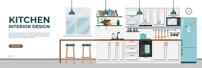 Modern kitchen interior design with white furniture background template.Dinner room vector illustration in flat style.Household objects and cooking utensils. Perfect for banner, web, media