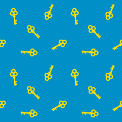 Yellow antique keys on blue background, seamless pattern 
