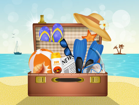 illustration of items for the beach in the open suitcase