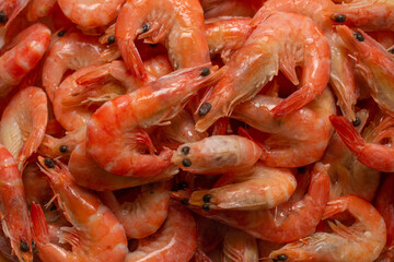Shrimps background texture. A lot of shrimps. Cooked shrimps.