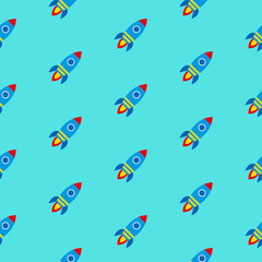 Colourful launching rockets with fire, seamless pattern on blue background