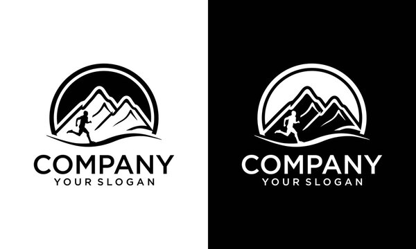 Runner on the mountains Logo Template, Concept of mountain run, marathon or sky running competition logotype. Mountain, running man elements