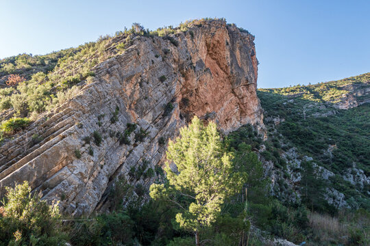 Anticline. Curious rock formations on the side of a mountain.