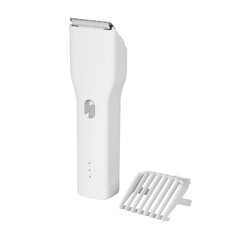 White hair clipper without nozzle side view. The nozzle is next to it. Hair clippers isolated on white background.

