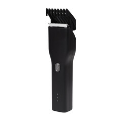 Barber hair clippers with nozzle side view isolated on white background. Black hair clipper 
