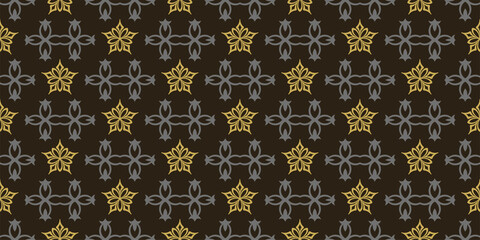 Dark background pattern with gold and gray decorative elements on a black background. Seamless pattern, texture. Vector image