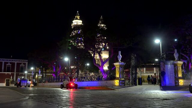 Tiny Police Patrol Car with  flashing lights at the Independence plaza by night. San Francisco de Campeche, Mexico