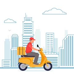 Foto op Plexiglas Delivery, the guy on the moped is carrying parcel . Flat cartoon design. © 3t0n4k
