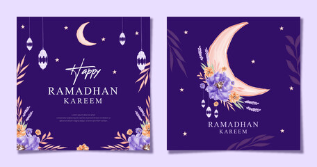Fototapeta premium Beautiful Ramadhan kareem with floral watercolor