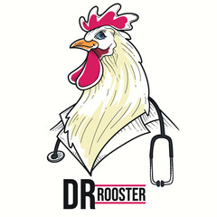 Hand drawn cartoon illustration of a rooster / chicken as a doctor