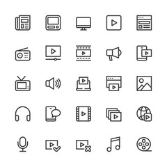Simple Interface Icons Related to Media. Communication, Multimedia, Video Content, Web Content. Editable Stroke. 32x32 Pixel Perfect.