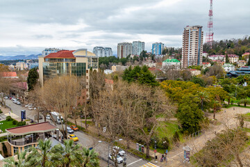 Sochi, Russia, April 12, 2021. Typical urban landscape on a cloudy spring day, modern urban...