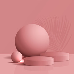 Cosmetic pink background and premium podium display for product presentation branding and packaging presentation. studio stage with shadow of leaf background. vector illustration design
