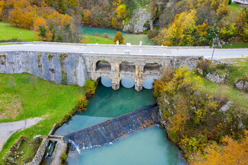 Fototapeta na wymiar Aerial view of the bridge on the Tounjcica River valley in autumn, Croatia