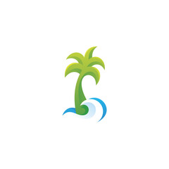 Fototapeta na wymiar Palm Coconut Tree and Water Sea Wave Logo