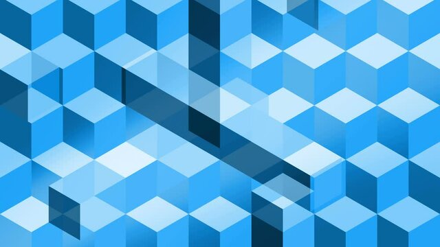 Blue cubes and bars abstract animation for background, looped seamless. Isometric geometry, soft and elegant, with transparency effects.