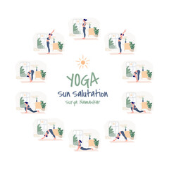Fototapeta na wymiar Set of yoga exercise Sun Salutation. Surya Namaskar. slim women in different yoga positions, Woman yoga workout fitness, Vector illustration set.