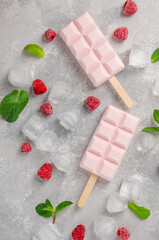 Obraz na płótnie Canvas Homemade raspberry ice cream or popsicles decorated green mint leaves and frozen berries with ice on a gray concrete background. Top view, copy space.