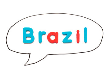 Alphabet letter with word Brazil in black line hand drawing as bubble speech on white board background