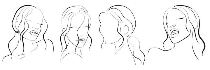 Continuous Line Drawing of Woman Faces Set, Fashion Minimalist Concept, Woman Beauty Drawing, Vector Illustration. Good for Prints, T-shirt, Banners, Slogan Design Modern Graphics Style