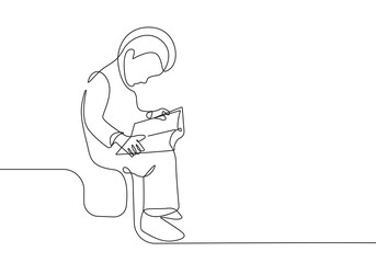 Boy Reading Continuous One Line Drawing. Boy with Book One Line Illustration. Education Concept Line Abstract Minimalist Contour Drawing. Vector EPS 10	