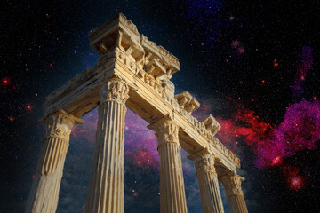 Architectural columns from the times of ancient greece. Ruins against the background of the night sky. Side turkey