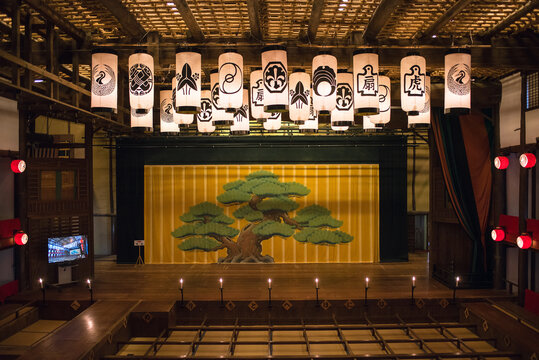 Kagawa, Japan - October 5, 2019: Interior of Konpira Grand Theater (Kanamaru-za) in Kotohira. It is the oldest Kabuki theater in Japan.　旧金毘羅大芝居（金丸座）