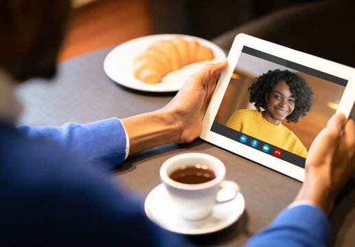 Virtual Date. Black Man Having Video Call With Girlfriend On Digital Tablet