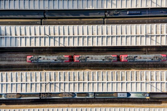 Aerial view of Santa Apolonia train station, view of the railways from top with building on site, Lisbon, Portugal.